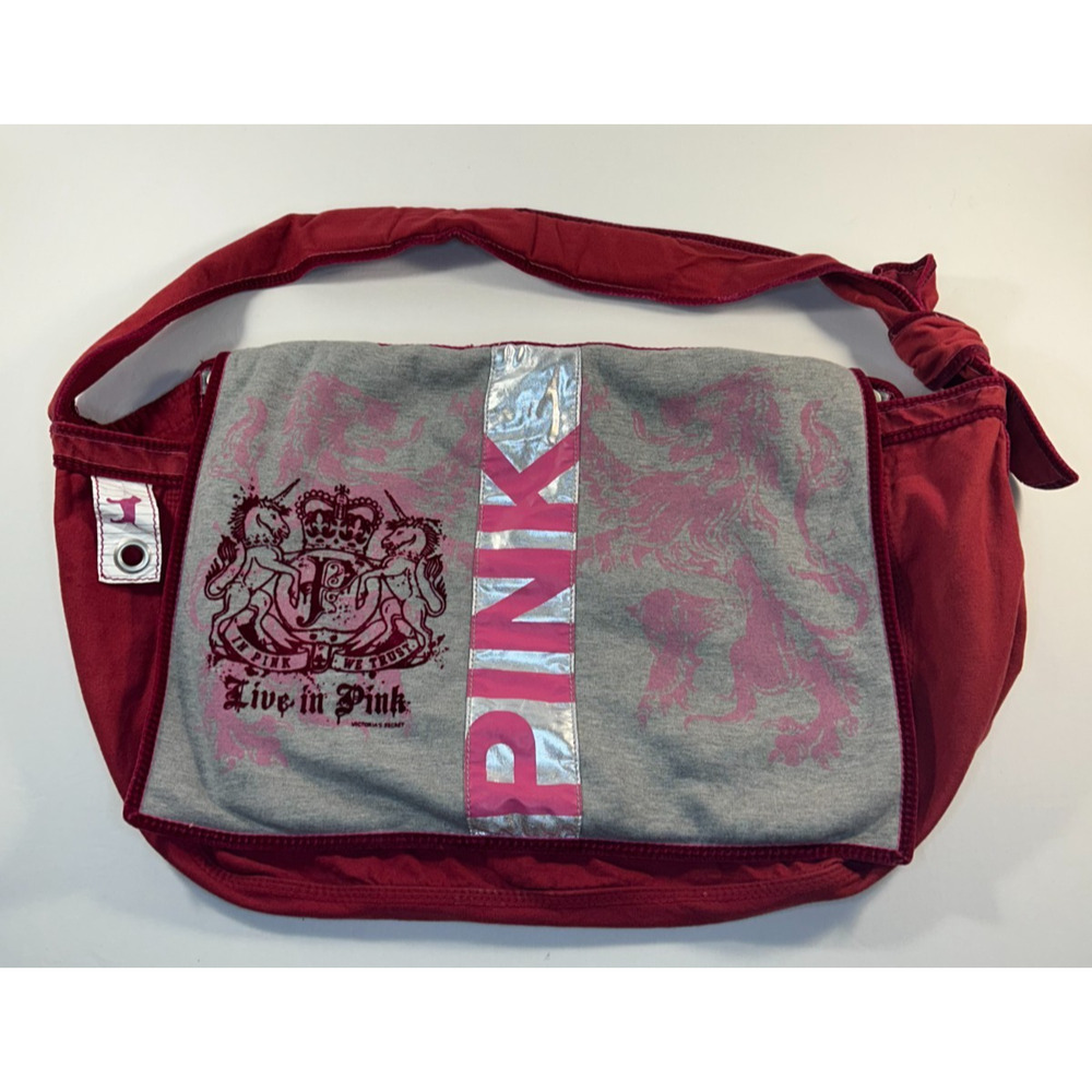 Victoria's Secret PINK Messenger Bag Live in Pink Rock n Roll Red Gray Crest VTG